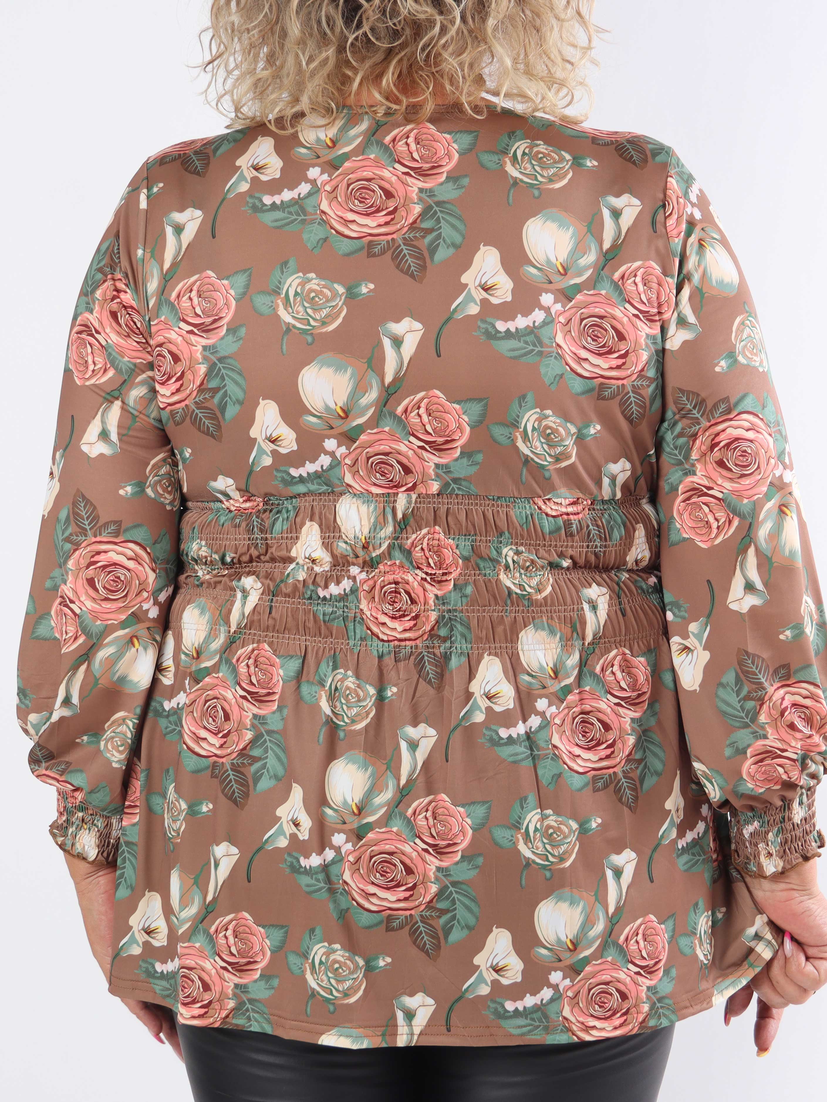 Pams Rose Shirt L/S - Elastisk plus size bluse i krølfrit stof med roser